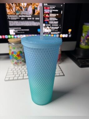 Textured Ombre Blue to Aqua Reusable Tumbler with Straw